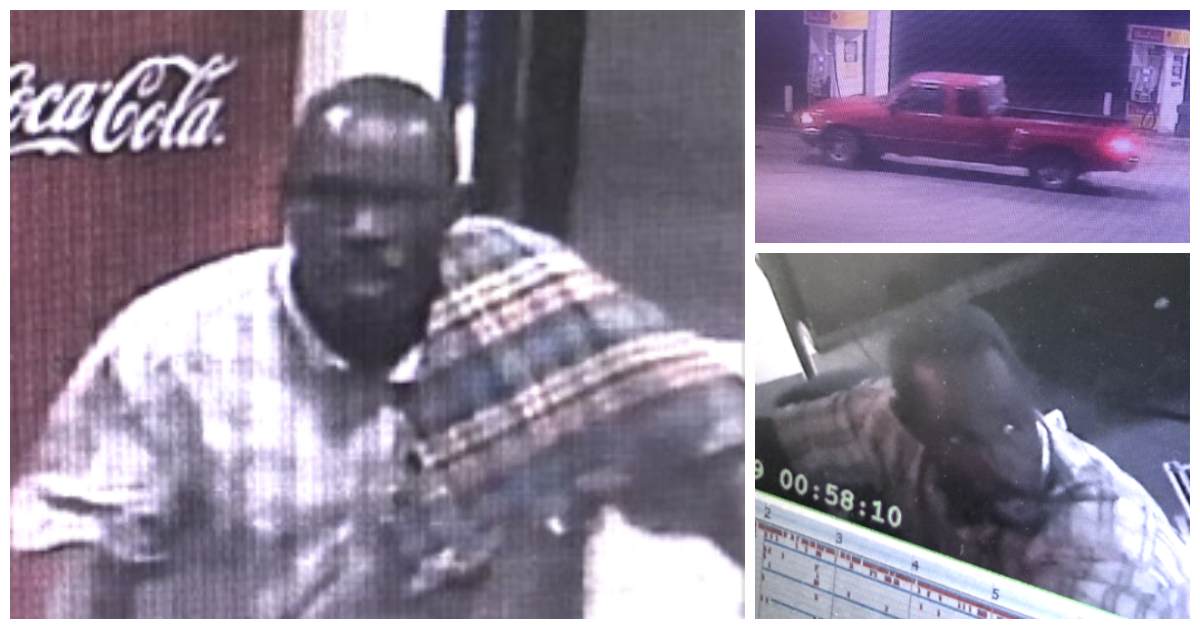 Collage of male caught on surveillance footage and a red ford ranger. 